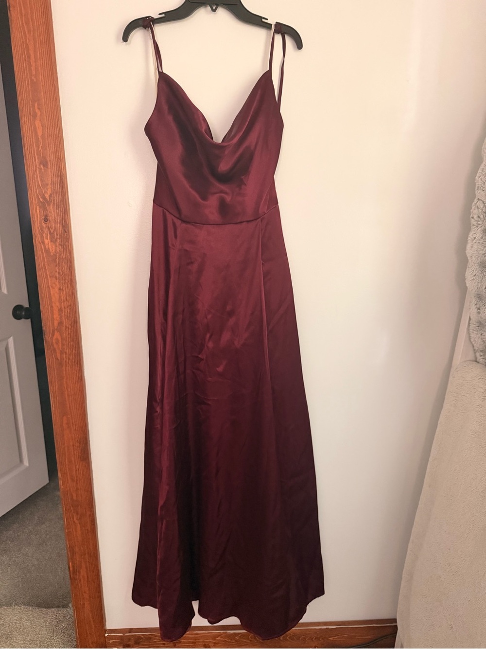 Satin Cowl Neck Prom Dress in Burgundy
